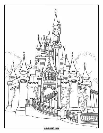 Coloriage de château de princesse pour enfants : Un château avec des arches gothiques et du lierre sur un fond blanc