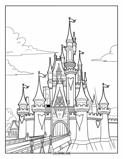 Coloriage de château de princesse pour enfants : Un château avec des bannières en forme de cœur et un grand portail