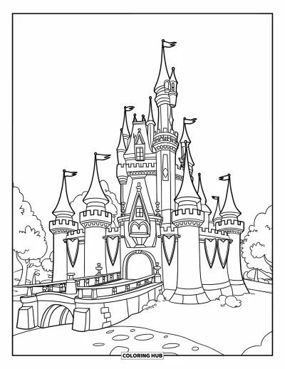 Coloriage de château de princesse pour enfants : Un château avec des bannières en forme de cœur, des tours et des douves