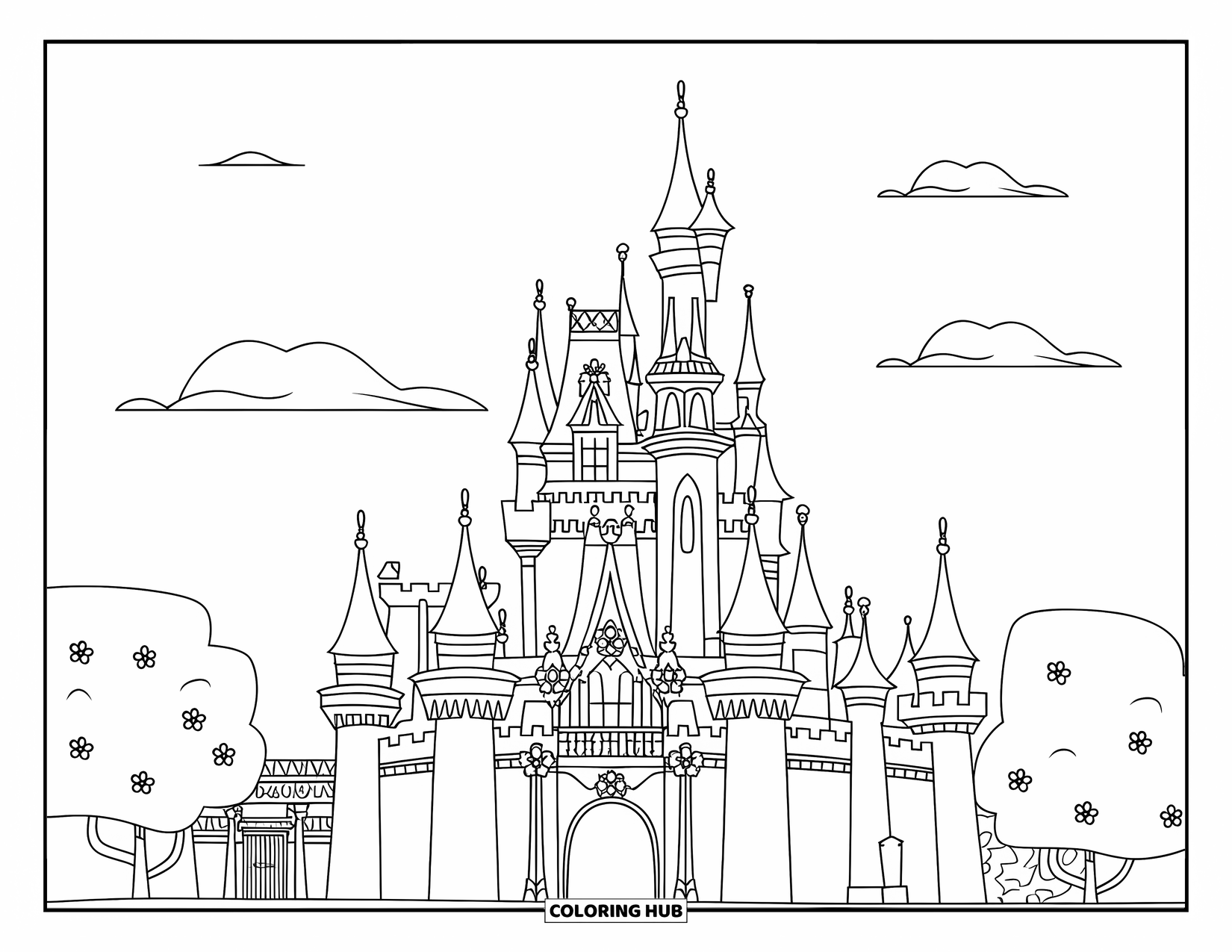 Princess Castle Coloring Page for Kids: A castle with red roofs, towers, and trees with flowers