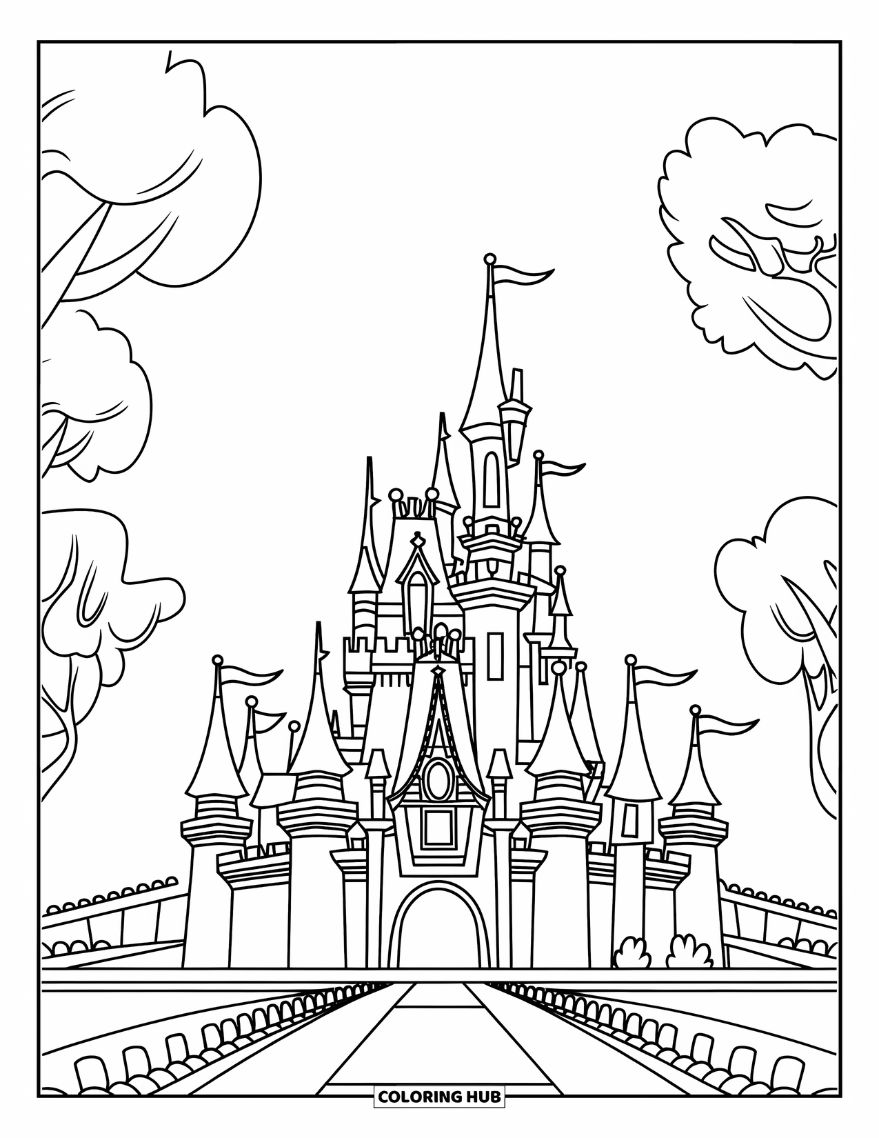 Princess Castle Coloring Page for Kids: A castle with spires, flags, and pathways to the gate
