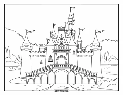 Coloriage de château de princesse pour enfants : Un château avec des escaliers et des drapeaux entouré de douves
