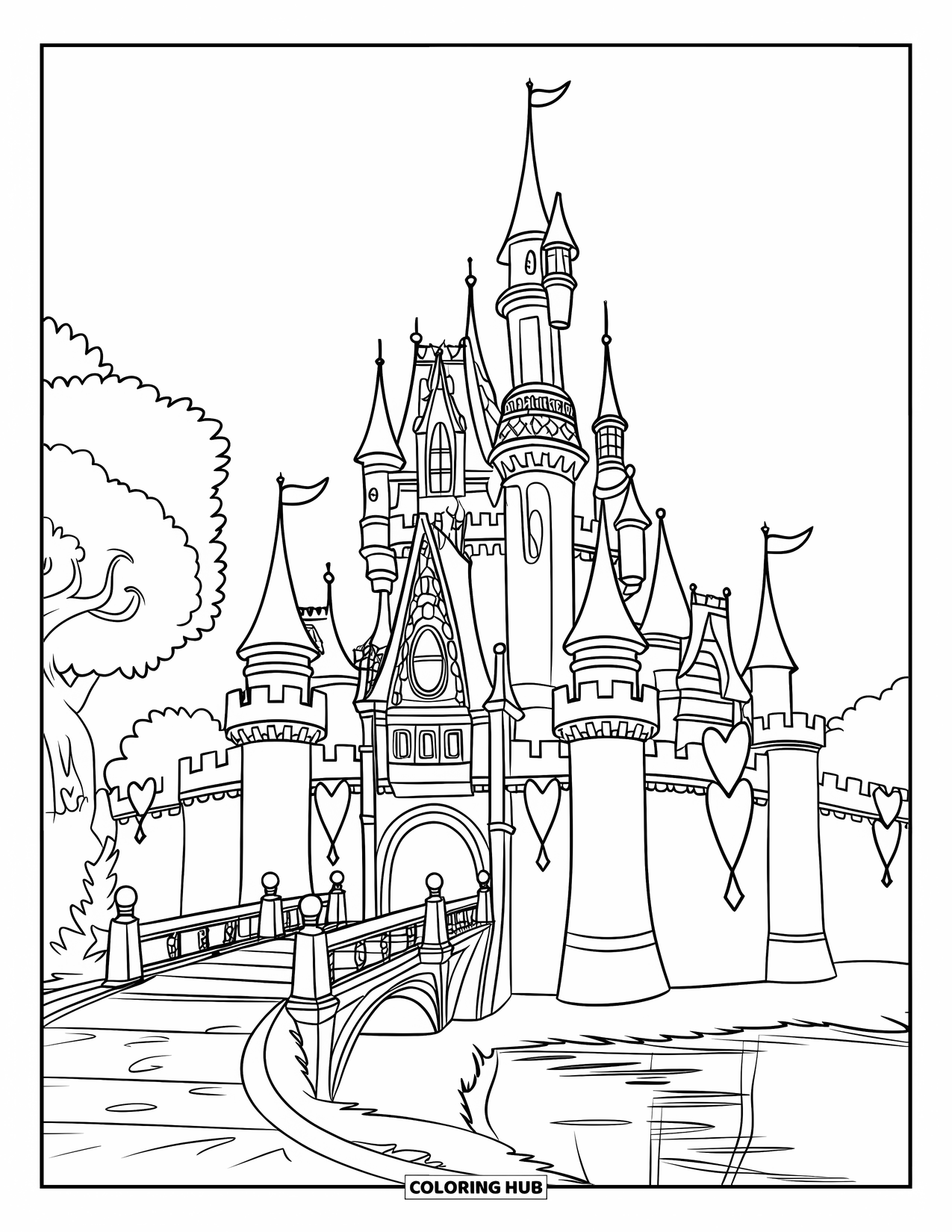 Princess Castle Coloring Page for Kids: A castle with tall towers and heart-shaped banners