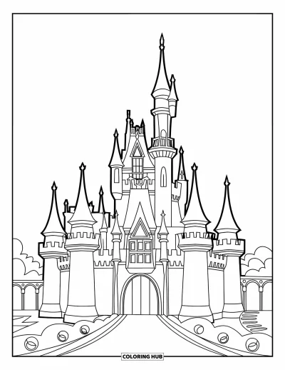 Coloriage de château de princesse pour enfants : Un château avec trois tours, des fenêtres et des douves