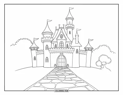Coloriage de château de princesse pour enfants : Un château avec deux tours, un chemin et un arbre