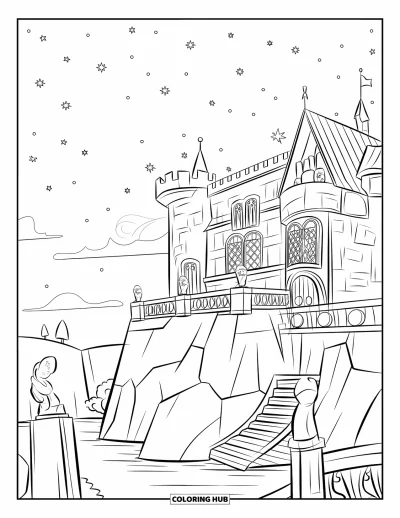 Coloriage de château de princesse pour enfants : Un château en falaise avec des statues et un ciel étoilé