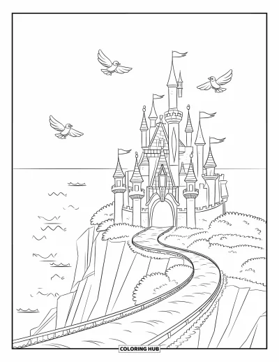 Coloriage de château de princesse pour enfants : Un château au bord d'une falaise avec de hautes tours et des vagues en contrebas