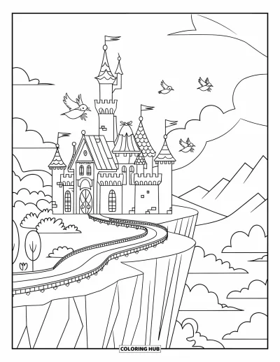 Coloriage de château de princesse pour enfants : Un château au bord d'une falaise avec des tourelles, un pont et des montagnes