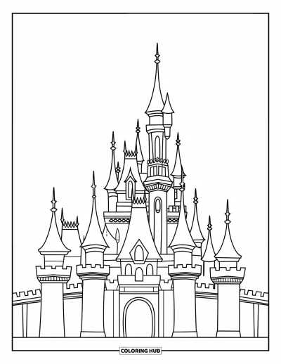 Coloriage de château de princesse pour enfants : Un château de conte de fées avec quatre flèches et un portail ouvert