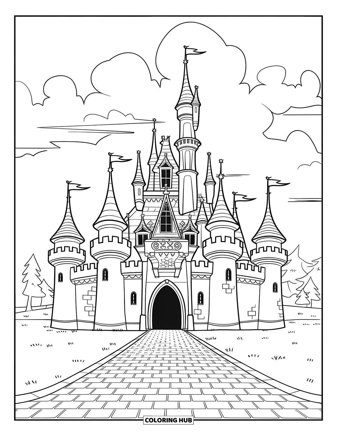 Princess Castle Coloring Page for Kids: A fairy tale castle with spires and a cobblestone path