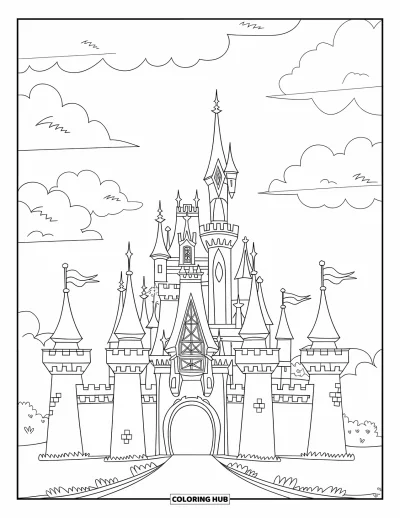 Coloriage de château de princesse pour enfants : Un château de conte de fées avec de hautes flèches et un ciel nuageux