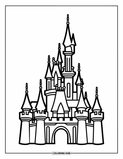 Coloriage de château de princesse pour enfants : Un château de conte de fées avec des tours et des contours bien marqués