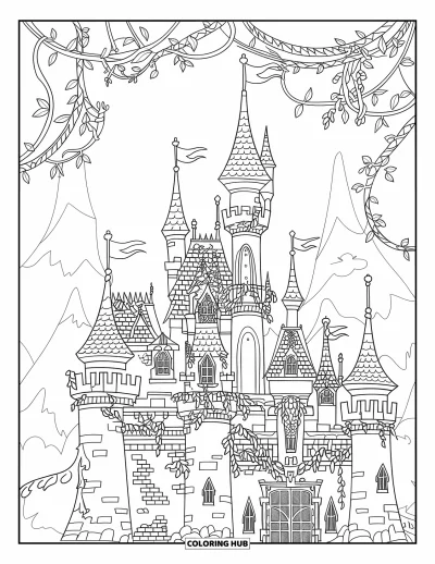 Coloriage de château de princesse pour enfants : Un château fantastique avec des bannières et des sculptures en pierre près des montagnes