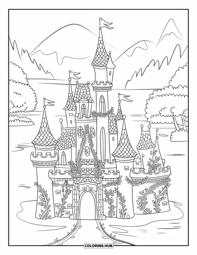 Coloriage de château de princesse pour enfants : Un château fantastique avec des tours, des lianes et une vue sur les montagnes