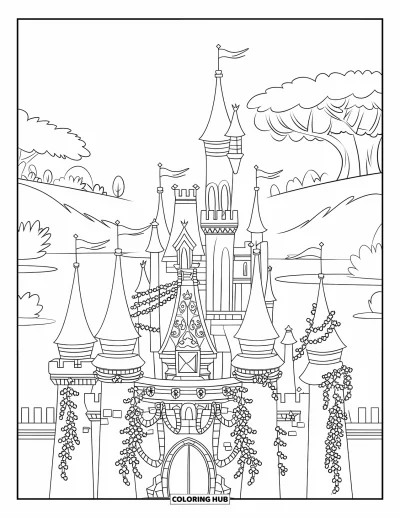 Coloriage de château de princesse pour enfants : Un château fantastique avec des tours, des lianes et des collines verdoyantes