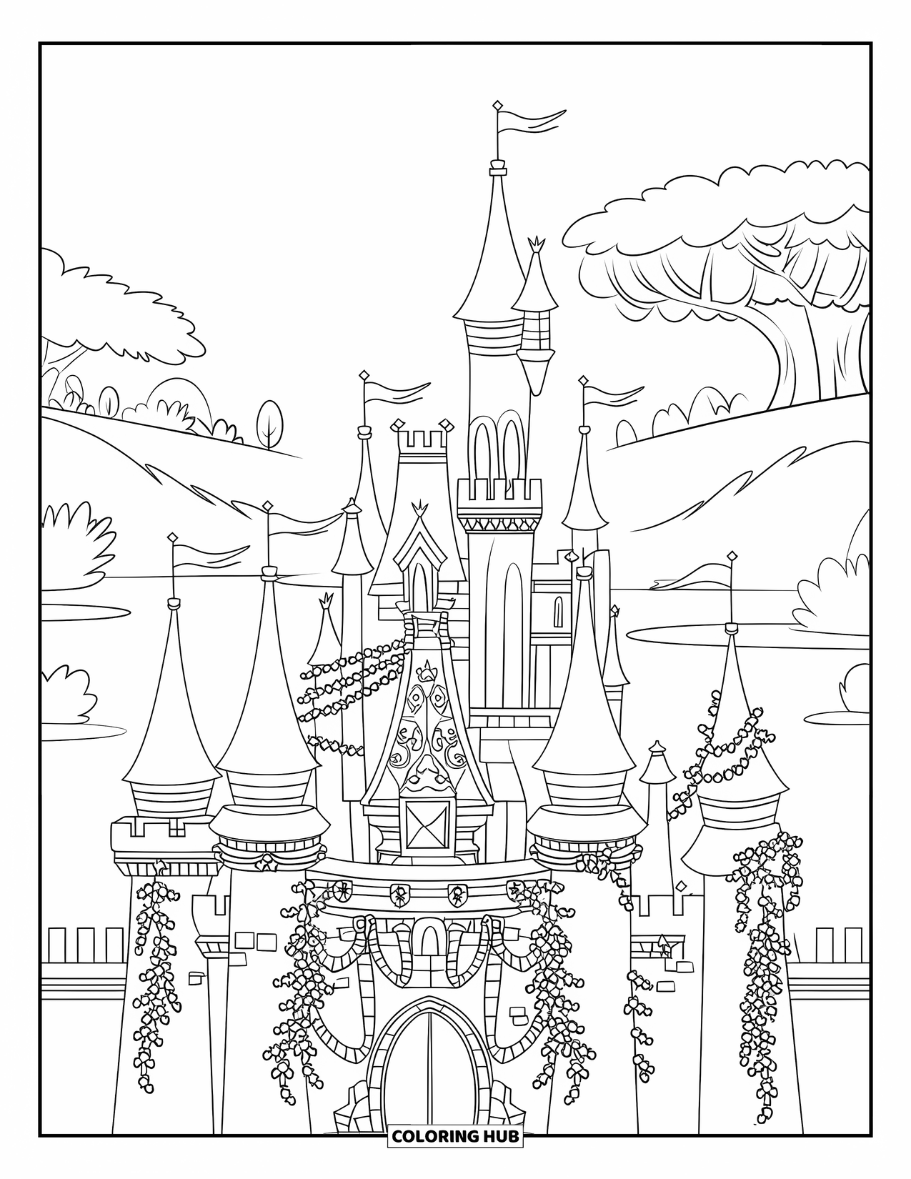 Princess Castle Coloring Page for Kids: A fantasy castle with towers, vines, and rolling hills