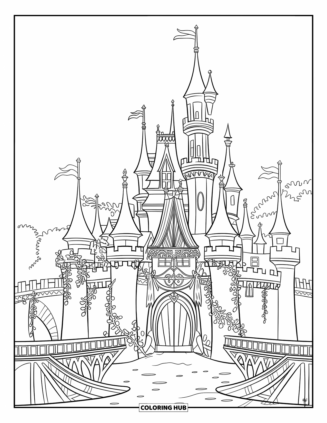 Princess Castle Coloring Page for Kids: A fantasy castle with vines, banners, and a calm moat