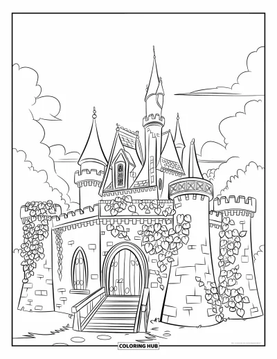 Coloriage de château de princesse pour enfants : Un château gothique avec du lierre, des tours et des ponts-levis en bois