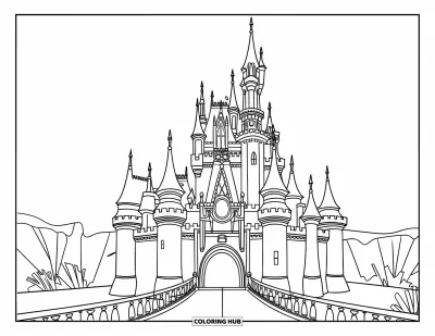 Coloriage de château de princesse pour enfants : Un majestueux château de princesse avec des tours, des douves et des arbres luxuriants