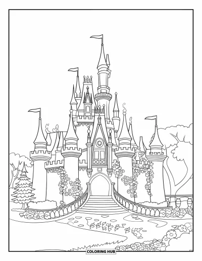 Coloriage de château de princesse pour enfants : Un château de princesse avec des arches, du lierre et des escaliers en pierre
