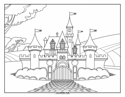 Coloriage de château de princesse pour enfants : Un château de princesse avec quatre tours et une allée de jardin