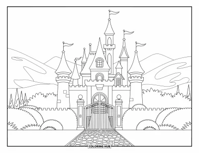 Coloriage de château de princesse pour enfants : Un château de princesse avec quatre tours et une vue sur les montagnes