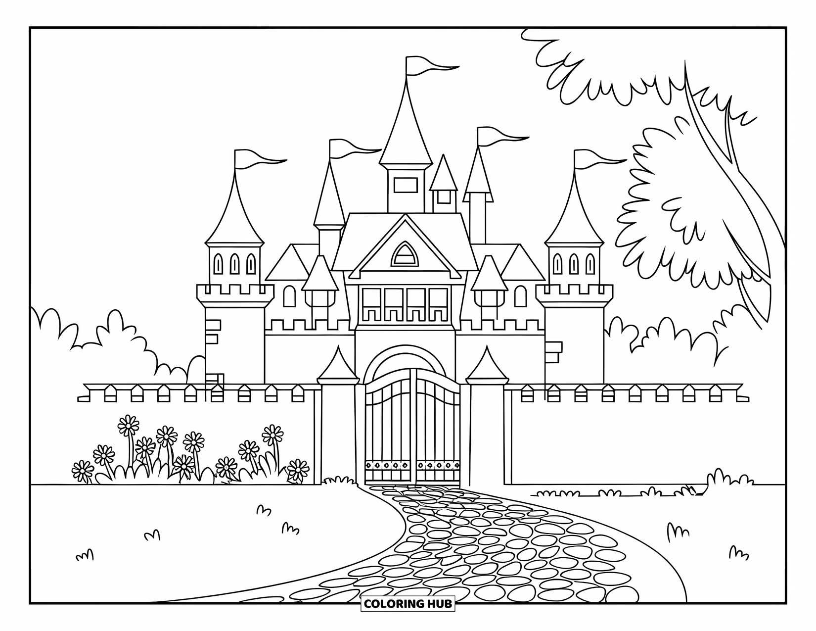 Princess Castle Coloring Page for Kids: A princess castle with four towers and flowers nearby