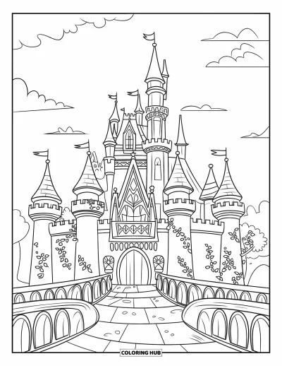 Coloriage de château de princesse pour enfants : Un château de princesse avec des tours gothiques et un ciel nuageux
