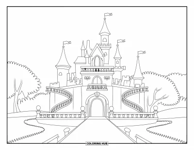 Coloriage de château de princesse pour enfants : Un château de princesse avec des escaliers et des balcons en arcade se dresse fièrement