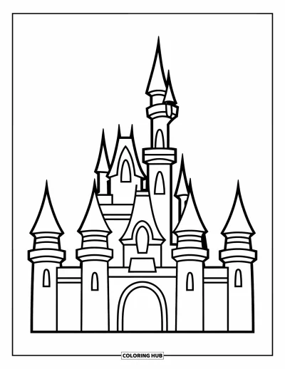 Coloriage de château de princesse pour enfants : Un château de princesse avec trois tours et de grandes fenêtres