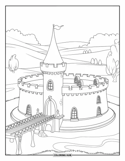 Coloriage de château de princesse pour enfants : Un château rond avec une tour, des douves et des collines verdoyantes