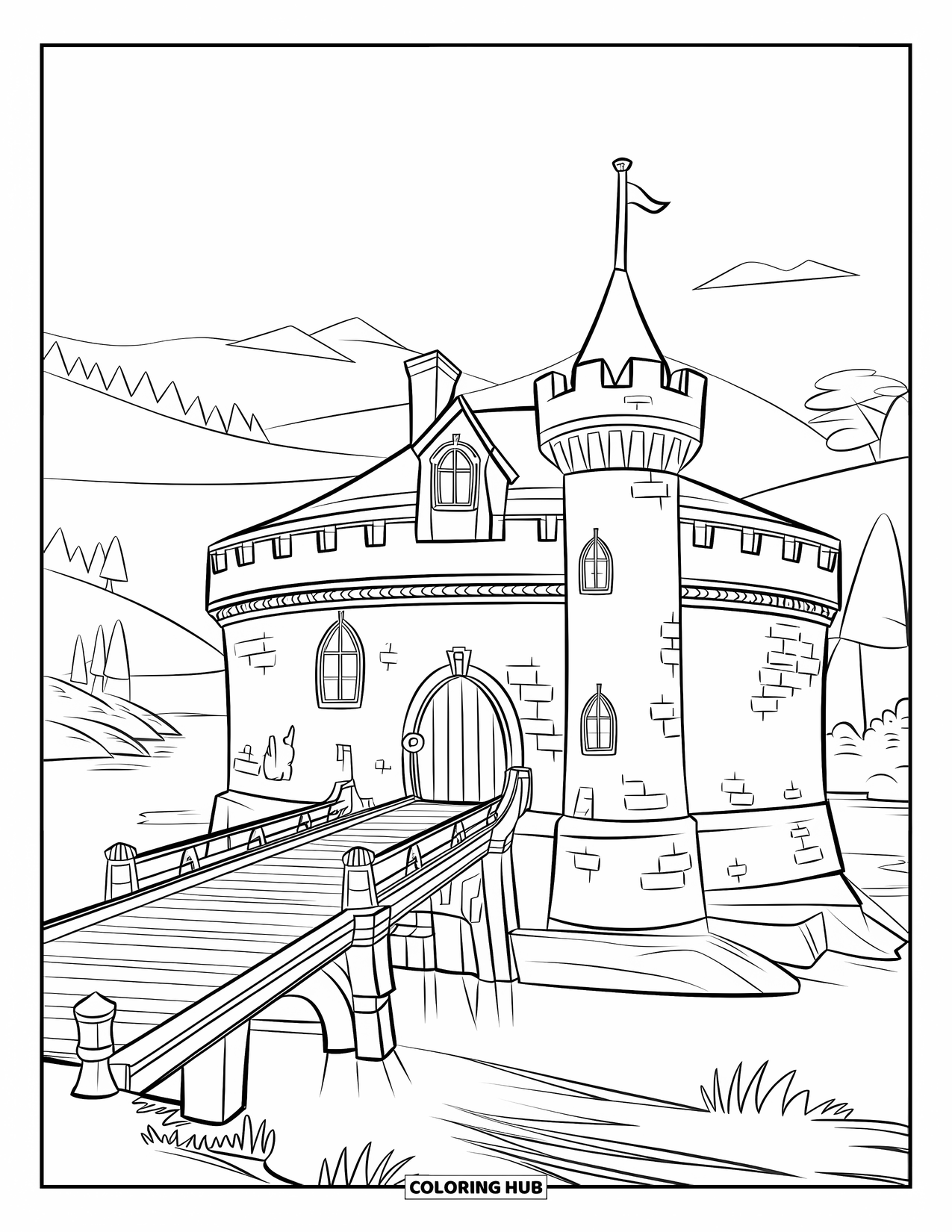 Princess Castle Coloring Page for Kids: A round castle with a tower, moat, and water view