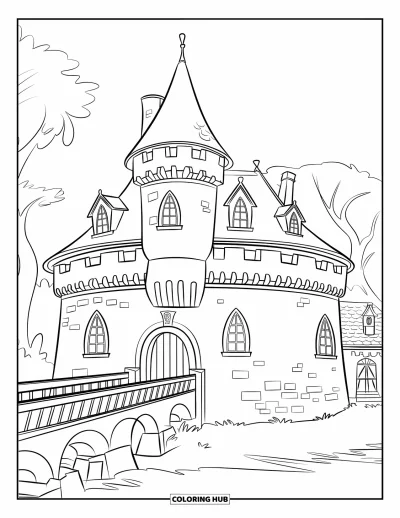 Coloriage de château de princesse pour enfants : Un château rond avec une tour, des fenêtres et des arbres
