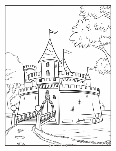 Coloriage de château de princesse pour enfants : Un château rond avec une tour, un pont-levis et des douves