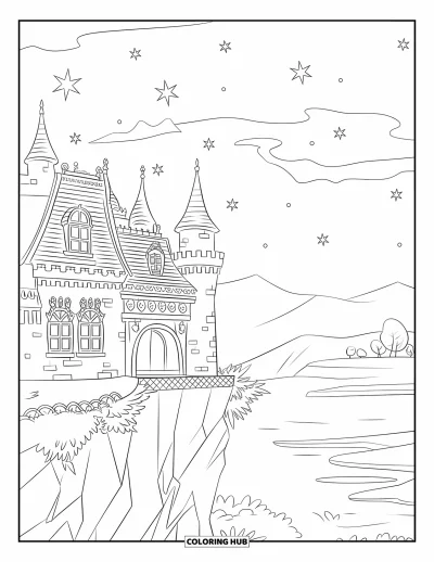 Coloriage de château de princesse pour enfants : Un ciel étoilé entoure un château lumineux perché sur une falaise