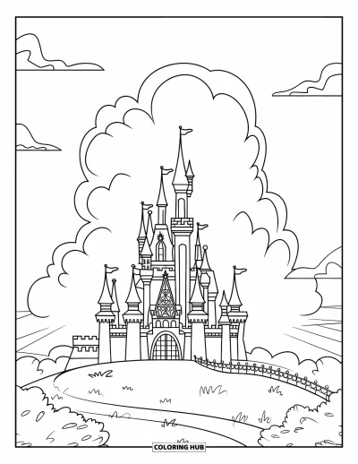 Coloriage de château de princesse pour enfants : Un grand château sur une colline avec un nuage en arrière-plan