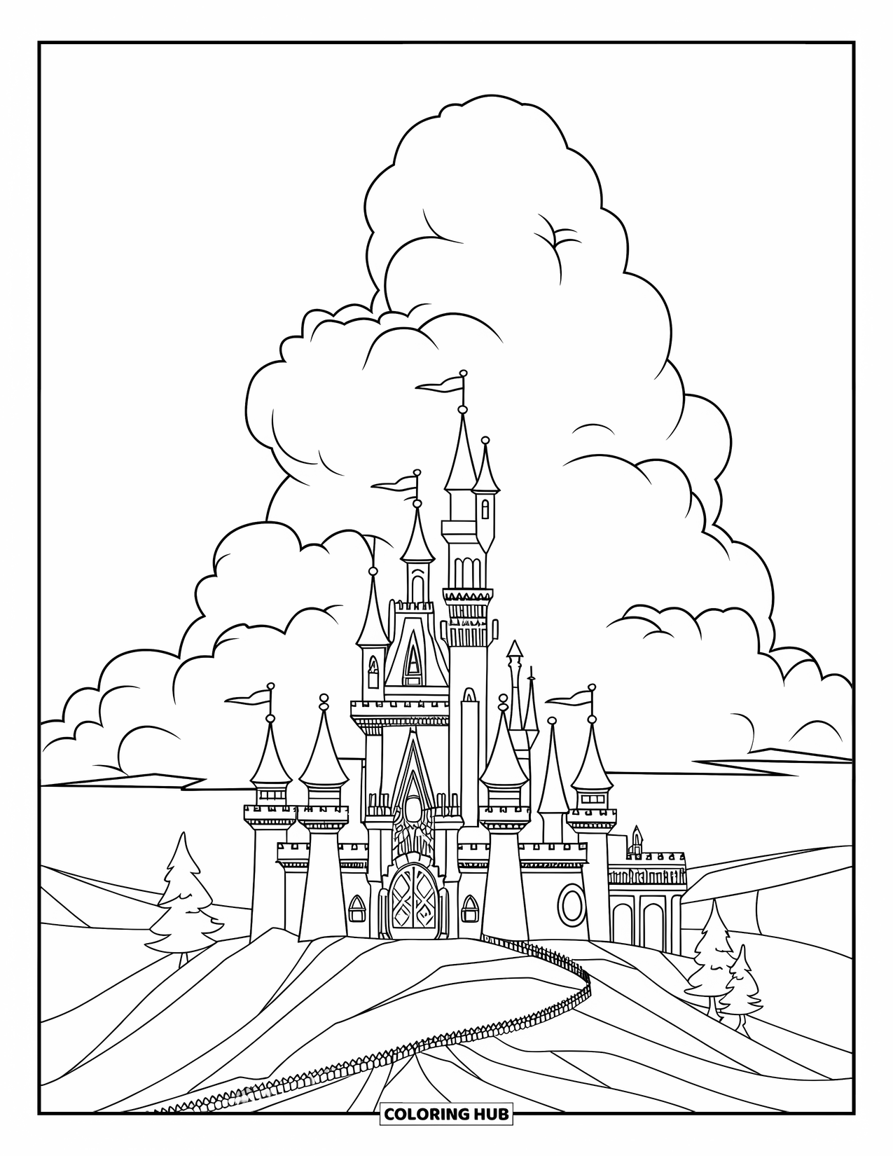 Princess Castle Coloring Page for Kids: A tall castle on a hill with trees and a cloud