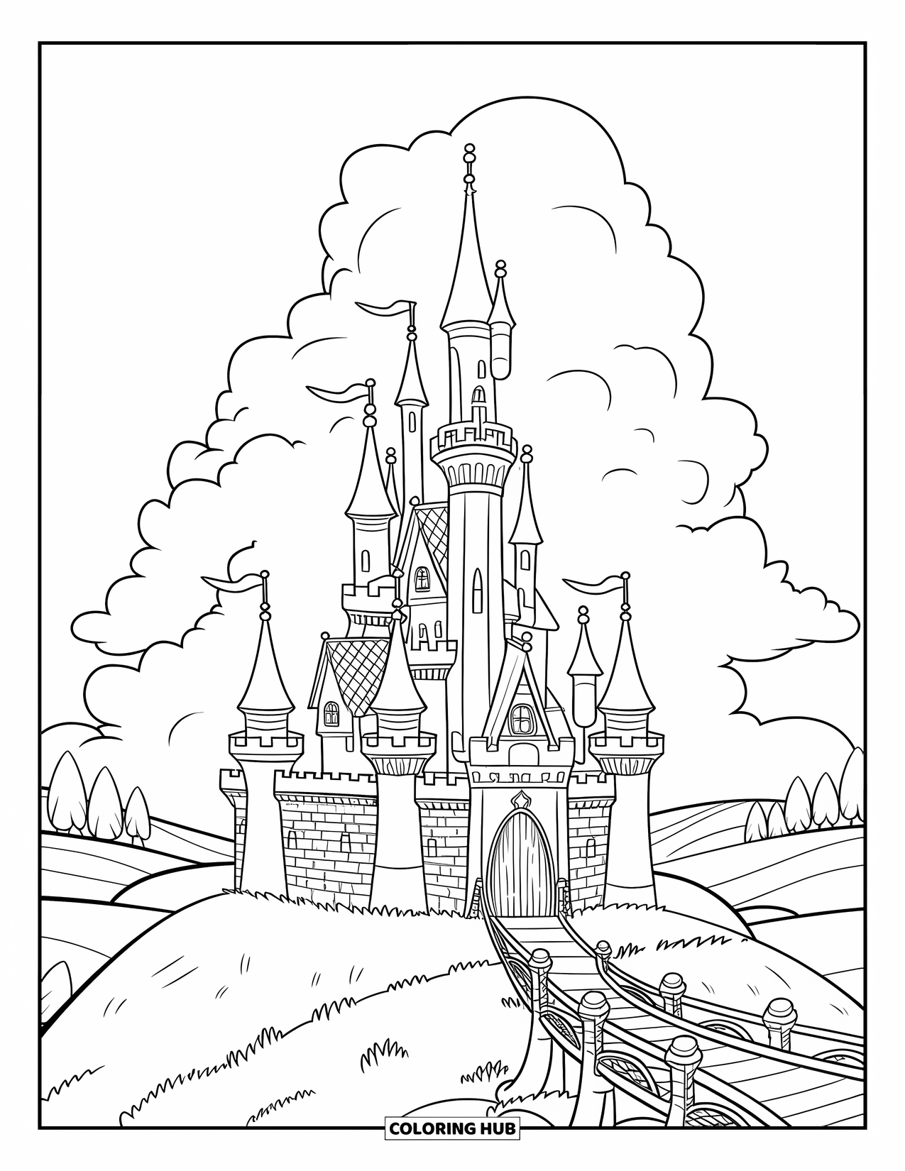 Princess Castle Coloring Page for Kids: A tall castle with towers, a drawbridge, and stone walls