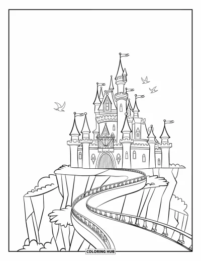 Coloriage de château de princesse pour enfants : Des oiseaux tournent autour d'un château en falaise avec des tours et un sentier