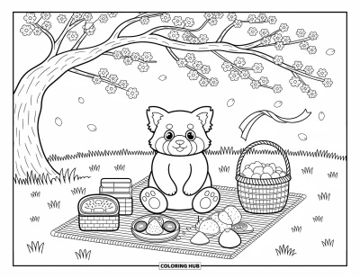 Coloriage de panda roux pour adultes : Un joyeux panda roux pique-nique sous des fleurs en fleurs avec de la nourriture, des pétales et une brise légère