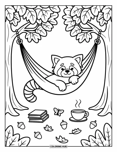 Coloriage de panda roux pour adultes : Un panda se recroqueville dans un hamac avec des champignons, du thé et de petits glands à proximité