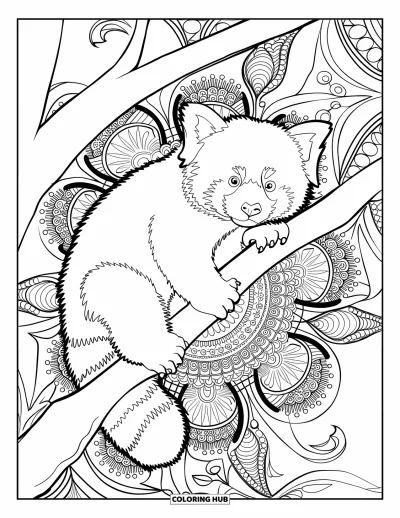 Coloriage de panda roux pour adultes : Un panda roux grimpe sur une branche parmi de somptueux mandalas floraux