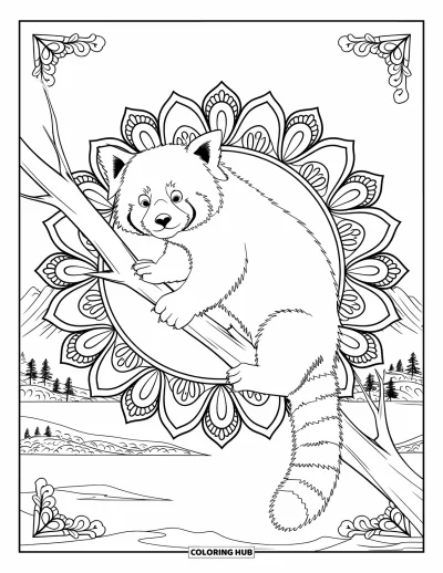 Coloriage de panda roux pour adultes : Un panda roux grimpe sur une branche entourée de mandalas floraux