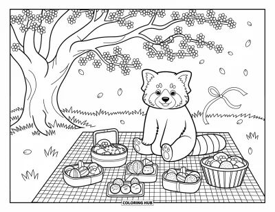 Coloriage de panda roux pour adultes : Un panda roux profite d'un pique-nique printanier sous des cerisiers en fleurs