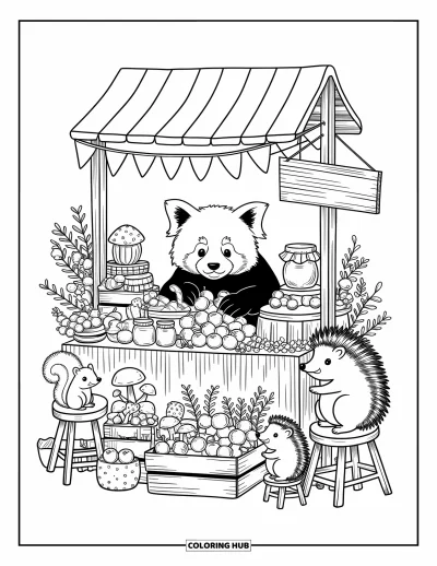 Coloriage de panda roux pour adultes : Un panda roux explore un marché en forêt avec des caisses de fruits et d'herbes