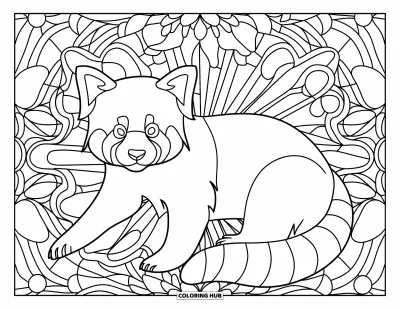 Coloriage de panda roux pour adultes : Un panda roux est allongé sur le côté devant des motifs floraux en vitraux