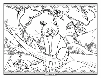 Coloriage de panda roux pour adultes : Un panda roux sur une branche est entouré de mandalas tourbillonnants de vignes et de feuilles