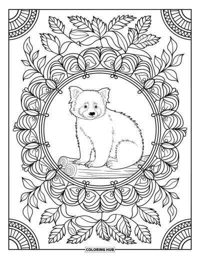 Coloriage de panda roux pour adultes : Un panda roux sur une bûche est assis dans un mandala botanique de lianes