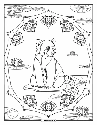 Coloriage de panda roux pour adultes : Un panda roux sur un rocher est assis au bord d'un lac de fleurs de lotus