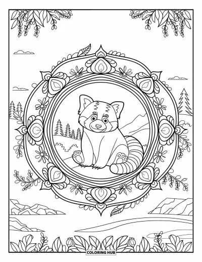 Coloriage de panda roux pour adultes : Un panda roux sur un rocher est assis dans un mandala botanique au bord de l'eau